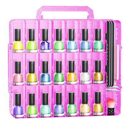 Picture of JIASHENG Nail Polish Organizer Case for 48 Bottles, Gel Nail Polish Storage Holder Double Side Adjustable Space Divider for Acrylic Nail Gel Dip Powder Tips Set with Two Toe Separator, Pink