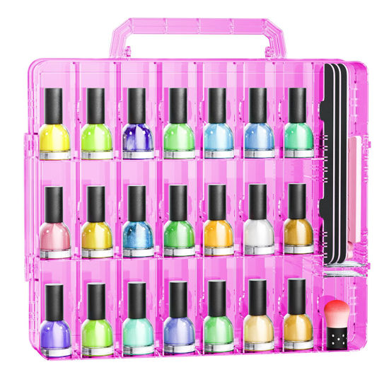 Picture of JIASHENG Nail Polish Organizer Case for 48 Bottles, Gel Nail Polish Storage Holder Double Side Adjustable Space Divider for Acrylic Nail Gel Dip Powder Tips Set with Two Toe Separator, Pink