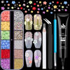 Picture of 3D Flowers Manicure Gems with Nail Rhinestone Glue Gel, Colorful Acrylic Flower Nail Charms with Caviar Beads, Rhinestones and Gem Glue for Nails (UV/LED Needed) with Pickup & Dotting Tools
