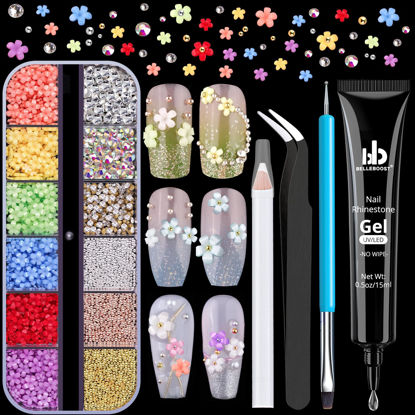 Picture of 3D Flowers Manicure Gems with Nail Rhinestone Glue Gel, Colorful Acrylic Flower Nail Charms with Caviar Beads, Rhinestones and Gem Glue for Nails (UV/LED Needed) with Pickup & Dotting Tools