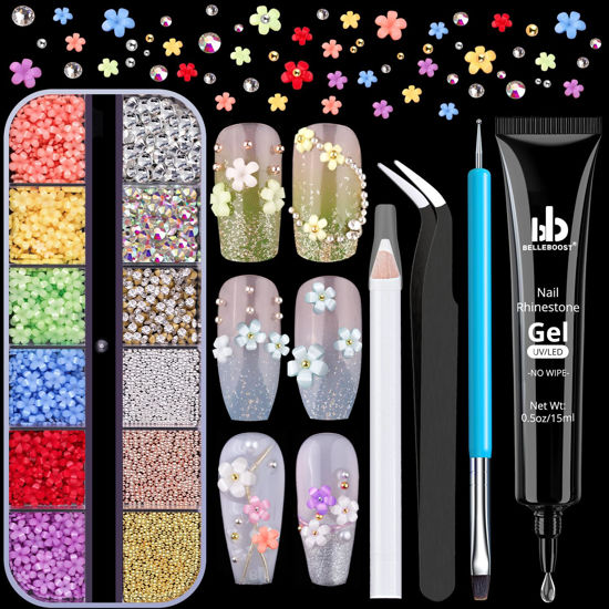 Picture of 3D Flowers Manicure Gems with Nail Rhinestone Glue Gel, Colorful Acrylic Flower Nail Charms with Caviar Beads, Rhinestones and Gem Glue for Nails (UV/LED Needed) with Pickup & Dotting Tools