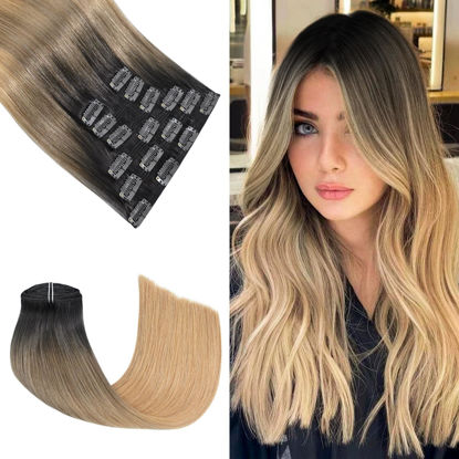 Picture of Honsoo Hair Extensions Clip Ins Real Human Hair Dark Brown To Chestnut Brown Fading To Honey Blonde 100g 14in 7pcs Full End Stunning Soft Shine Hair Extensions
