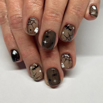 Picture of 24Pcs Halloween Press On Nails Short Square Fake Nails Acrylic Nails Press Ons Brown False Nails With Bat Ghost Spider Web Designs Halloween Glue On Nails Short Stick On Nails For Women