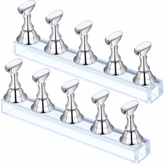 Picture of Blulu 2 Sets Acrylic Nail Display Stand Magnetic Press on Nails Practice Holder Stand DIY Painting Fingernail Stand for False Fingernail Manicure Tool Home Salon Use(Silver)