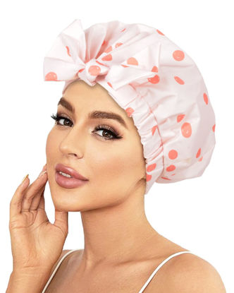 Picture of Luvruitaky Shower Cap Luxury Shower Caps for Women Reusable Waterproof Hair Cap for Shower with Adjustable Bowknot Hair Bath Cap (Pink)