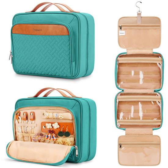 Picture of COOSKY Travel Hanging Toiletry Bag for Women, with Jewelry Organizer Compartment, Medium Waterproof Hanging Makeup Accessories, Cosmetic Essentials, Toiletries Dopp Kit Set with Trolley Belt, Blue