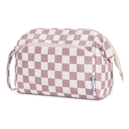 Picture of Narwey Large Women Makeup Bag Wide-open Make up Bag Travel Cosmetic Organizer Toiletry Bag for Cosmetics Toiletries Accessories (Dusty Rose Checkerboard)