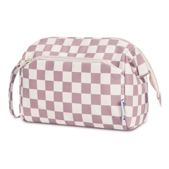 Picture of Narwey Large Women Makeup Bag Wide-open Make up Bag Travel Cosmetic Organizer Toiletry Bag for Cosmetics Toiletries Accessories (Dusty Rose Checkerboard)