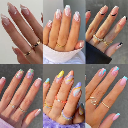 Picture of 6 Packs (144 Pcs) Press on Nails Medium - Jsiallye Flower French Tip Press on Nails Square, Swirl Press on Nails Almond, Glue on Nails in 12 Sizes - 24 Fake Nails Kit, Stick on Nails for Women
