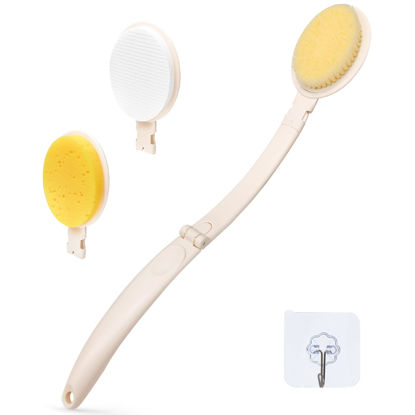 Picture of LFJ 19" Long Handle Shower Sponge Brush Set, 3 in 1 Body Brush, Bath Sponge and Lotion Applicator Improved Skin Health, Suitable for Men and Women (White Brush-1P)