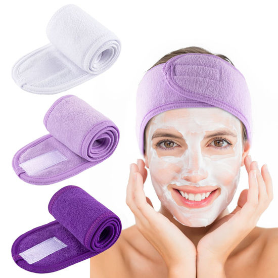 Picture of Whaline Spa Facial Headband Make Up Wrap Head Terry Cloth Headband Adjustable Towel Band for Face Washing Shower Facial Cover, 3 Pieces (White, Purple, Dark Purple)