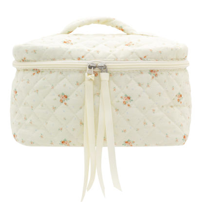 Picture of PAZIMIIK Cotton Makeup Bag for Women Large Quilted Travel Cosmetic Case Girls' Make Up Organizer,Floral White
