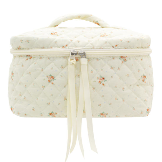 Picture of PAZIMIIK Cotton Makeup Bag for Women Large Quilted Travel Cosmetic Case Girls' Make Up Organizer,Floral White