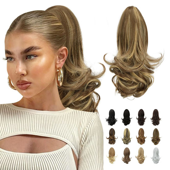 Picture of Sofeiyan 13" Ponytail Extension Long Curly Ponytail Clip in Claw Hair Extension Natural Synthetic Hairpiece for Women, Ash Brown Highlighted Bleach Blonde