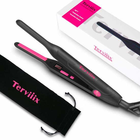 Picture of Terviiix Pencil Flat Iron, Small Flat Irons for Short Hair, Beard and Pixie Cut, 3/10 Inch Ceramic Tourmaline Mini Hair Straightener Dual Voltage with Adjustable Temperature, Auto Shut Off