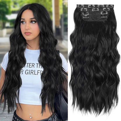 Picture of ALXNAN Clip in Long Wavy Synthetic Hair Extension 24 Inch Black 4PCS Thick Hairpieces Fiber Double Weft Hair for Women