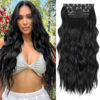 Picture of ALXNAN Clip in Long Wavy Synthetic Hair Extension 24 Inch Black 4PCS Thick Hairpieces Fiber Double Weft Hair for Women