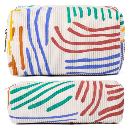 Picture of SOIDRAM Makeup Bag Corduroy Cosmetic Bag Cute Stripe Makeup Pouch 1Pcs Large Capacity Makeup Bags and 1Pcs Makeup Brushes Storage Bag Travel Toiletry Bag Organizer