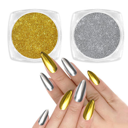 Picture of Allstarry Chrome Nail Powder, 2 Colors Metallic Effect Mirror Chrome Powder Pigment Shiny Holographic Manicure Pigment Gold Siver Nail Fine Glitter Dust Kit with 2 Sponge Sticks for Nail Decoration