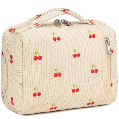 Picture of Bluboon Makeup Bag Zipper Pouch Travel Portable Cosmetic Bag Organizer for Women and Girls(Cherry Corduroy beige)