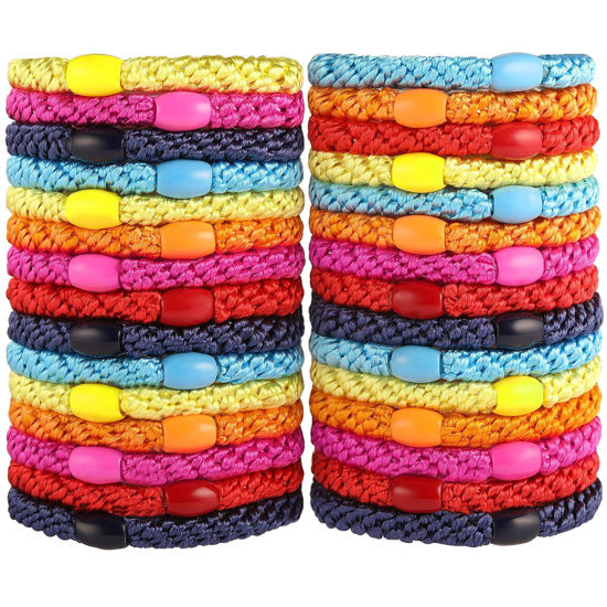 Picture of Bracelet Hair Ties for Women Girls, Funtopia 30 Pcs Colorful Elastics Hair Bands Ponytail Holders for Thick Hair, No Metal No Damage Soft Hair Ties with Bead, Bulk Set