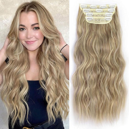 Picture of ALXNAN Clip in Long Wavy Synthetic Hair Extension 24 Inch Dirty Blonde 4PCS Thick Hairpieces Fiber Double Weft Hair for Women