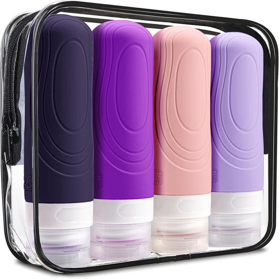 Picture of GLAMFIELDS Travel Bottles for Toiletries TSA Approved, 3oz Size Leak Proof Silicone Travel Containers for Shampoo, Lotion,Easy to Squeeze Portable, Essentials for Traveling (4 Pack) Purple
