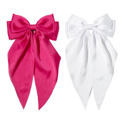 Picture of Furling Pompoms Hot Pink Bows Hair Clips for Women Large Bow Clip for Girls Satin Long Tails with Alligator Clips White Big Hair Bow Hair Accessories Pack of 2