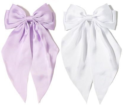 Picture of Furling Pompoms Hair Bows Clips for Women Large Bow Clips for Girls Satin Long Tails with Alligator Clips Big Hair Bow Hair Accessories (Lilac White)