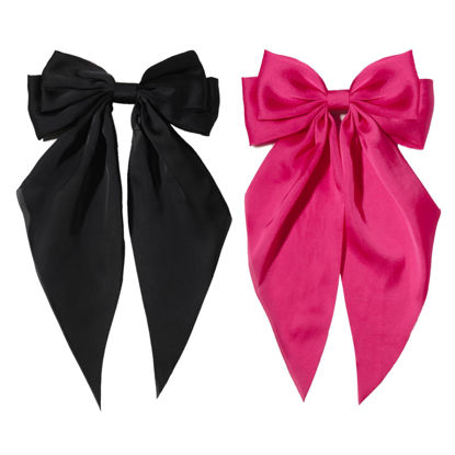Picture of Furling Pompoms Hair Bows Clips for Women Large Bow Clip for Girls Satin Long Tails with Alligator Clips 2pcs Big Hair Bow Hair Accessories (Black Hot Pink)