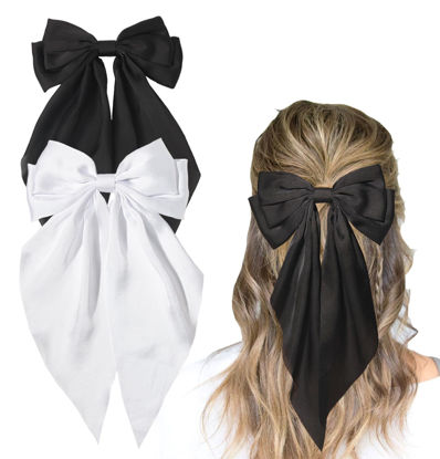 Picture of Furling Pompoms Hair Bow Clips Black Hair Bow White Hair Bow Big Satin Hair Bow Barrette Alligator Clips Long Tail Hair Accessories for Women Girls Teens,Pack of 2