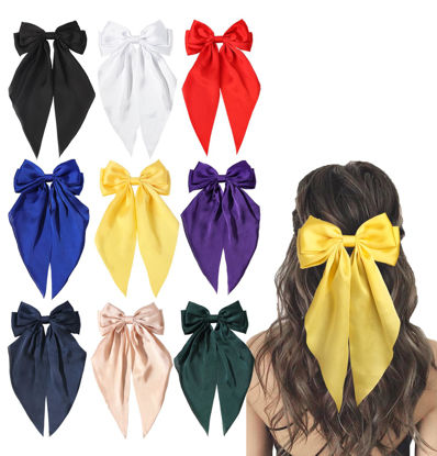Picture of Furling Pompoms Hair Accessories: Large Satin Bow Clips with Long Tails and Alligator Clips for Women and Girls, 9pcs Colorful Bows