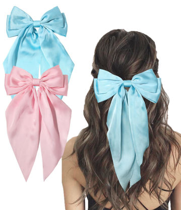 Picture of Furling Pompoms Hair Bows Clips for Women Large Bow Clips for Girls Satin Long Tails with Alligator Clips Big Hair Bow Hair Accessories (Pink Blue)