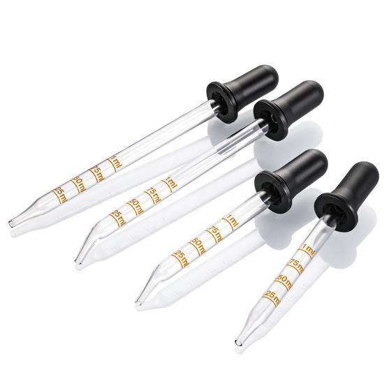 Picture of 4 Pack, 1 mL Glass Eye Dropper with Measurement - Long & Short, Bent & Straight Tip Calibrated Glass Medicine Droppers, Accurate Dose Pipette Dropper for Essential Oils, Feeding, Ear, Lab, Health Care