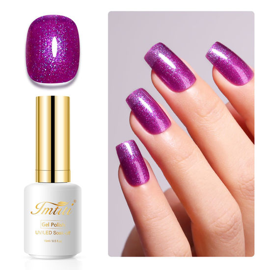 Picture of Imtiti Glitter Gel Nail Polish, 0.5 Fl Oz Purple Iridescent Glitter Gel Polish Soak Off LED UV Rainbow Shimmer Sparkle Nail Gel Polish DIY Nail Art Starter Manicure Salon Gel Nail Polish Kit