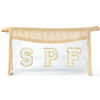 Picture of Belanttega Boho Patch Cosmetic Bag - Summer SPF Chenille Varsity Letter Toiletry Bag Beige Clear Waterproof Travel Makeup Bag PVC Zipper Clutch Daily Use Purse Summer Beach Gifts for Women Girls