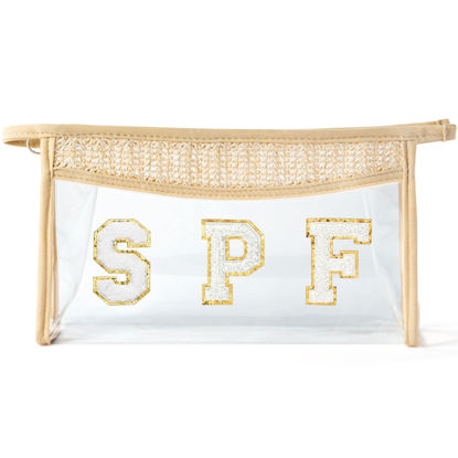 Picture of Belanttega Boho Patch Cosmetic Bag - Summer SPF Chenille Varsity Letter Toiletry Bag Beige Clear Waterproof Travel Makeup Bag PVC Zipper Clutch Daily Use Purse Summer Beach Gifts for Women Girls