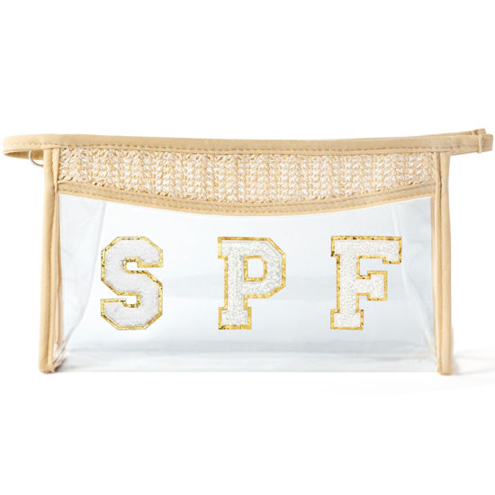 Picture of Belanttega Boho Patch Cosmetic Bag - Summer SPF Chenille Varsity Letter Toiletry Bag Beige Clear Waterproof Travel Makeup Bag PVC Zipper Clutch Daily Use Purse Summer Beach Gifts for Women Girls