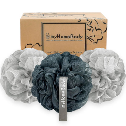 Picture of myHomeBody Large 70g Loofah Sponge, Body Scrubber, Bath Sponge, Loofah for Women, Men, Exfoliating Sponge Shower Pouf with Activated Charcoal - 2 Fog Gray + 1 Midnight Blue, 3 Pack