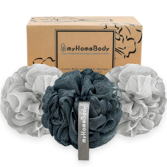 Picture of myHomeBody Large 70g Loofah Sponge, Body Scrubber, Bath Sponge, Loofah for Women, Men, Exfoliating Sponge Shower Pouf with Activated Charcoal - 2 Fog Gray + 1 Midnight Blue, 3 Pack