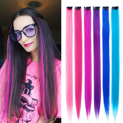 Picture of KGBFASS 24 Packs Colored Clip in Hair Extensions 20'' Colorful Straight Hair Extensions Clip in for Kids Multi-Colors Party Highlights Hairpieces(Pink,Purple,Blue)