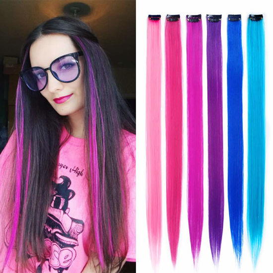 Picture of KGBFASS 24 Packs Colored Clip in Hair Extensions 20'' Colorful Straight Hair Extensions Clip in for Kids Multi-Colors Party Highlights Hairpieces(Pink,Purple,Blue)