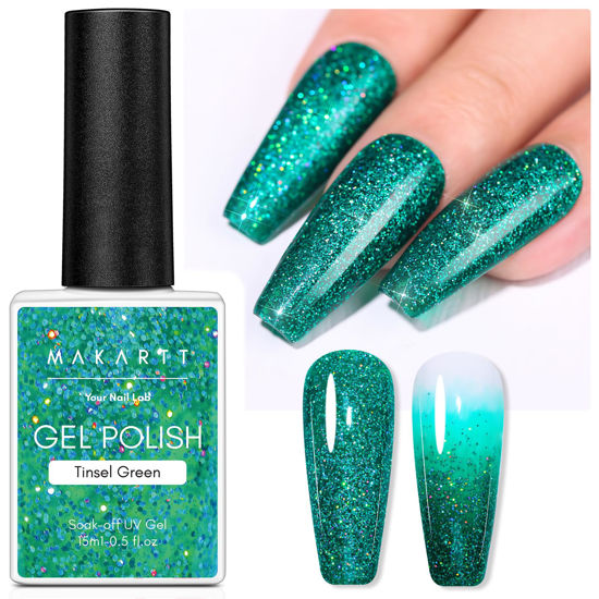 Picture of Makartt Green Glitter Gel Polish - 15ml Christmas Sparkly Shimmer Gel, UV Soak Off for Nail Art Design, DIY Home Salon Winter Manicure, Tinsel Green