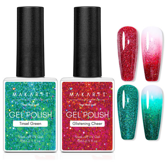 Picture of Makartt Christmas Glitter Gel Nail Polish Set - 2 Pcs 15ml Shimmer Gel, UV Soak Off for Nail Art Design, DIY Home Salon Winter Manicure Gift, Tinsel Green & Glistening Cheer
