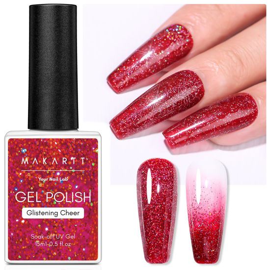 Picture of Makartt Christmas Red Glitter Gel Nail Polish - 15ml Sparkle Shimmer Soak Off UV Gel for Nail Art, Winter Manicure, New Year Shades, DIY Salon Gift for Women