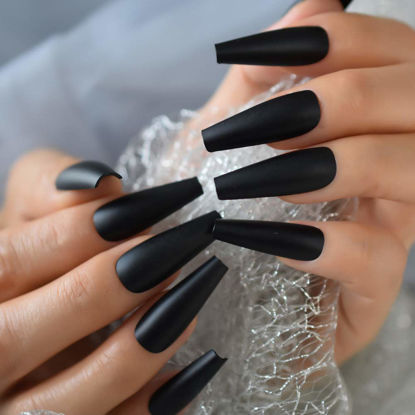 Picture of Coolnail Solid Black Press on Nail Super Long Fake Nail Coffin Matte Nails Frosted Ballerina Acrylic False Nails Tips Cosplay Party Salon Lady
