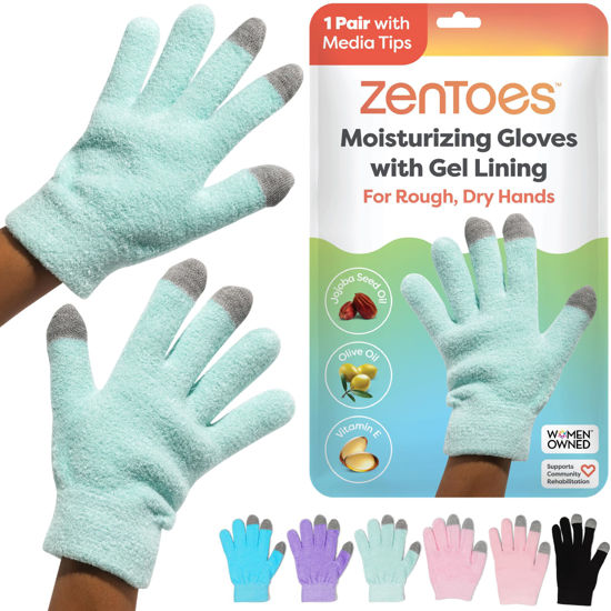 Picture of ZenToes Moisturizing Gloves for Dry Hands and Eczema, Gel Infused with Jojoba Seed Oil, Olive Oil and Vitamin E, Overnight Hand Moisturizer (OSFM, Fuzzy Mint Green with Media Tips)