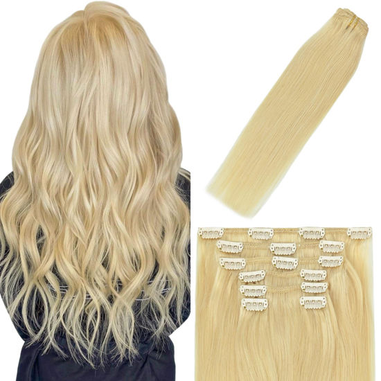 Picture of WindTouch Clip in Hair Extensions Bleached Blonde Hair Extensions For Women 12Inch 70g Human Hair 7PCS #613