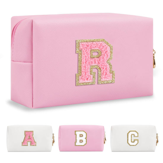 Picture of Personalized Initial A-Z Preppy Patch Makeup Bag,Small PU Leather Chenille Letter Cosmetic Bag with Zipper for Teen Girls,Pink Cute Travel Toiletry Bag,Birthday Monogrammed Gift for Daughter,Letter R