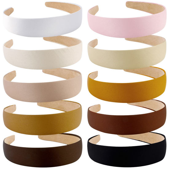 Picture of Wecoe Satin Headbands for Women and Girls - 10 Pack 1.3 Inch Wide Non-Slip Fashion Headbands in Neutral Colors, DIY Holiday Hair Accessories
